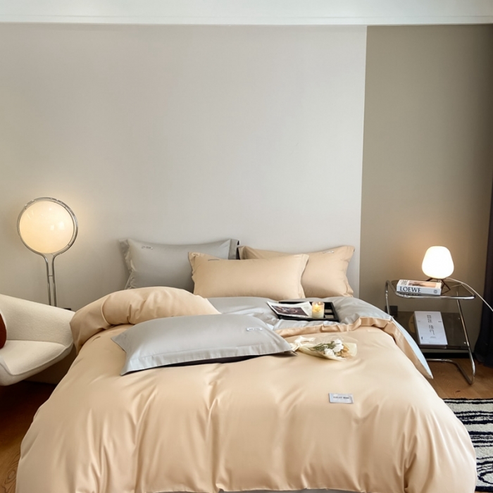 91家纺网 家纺一手货源 找家纺 高级感简约贡缎长绒棉纯色双拼床上四件套全棉被套香槟金烟墨灰