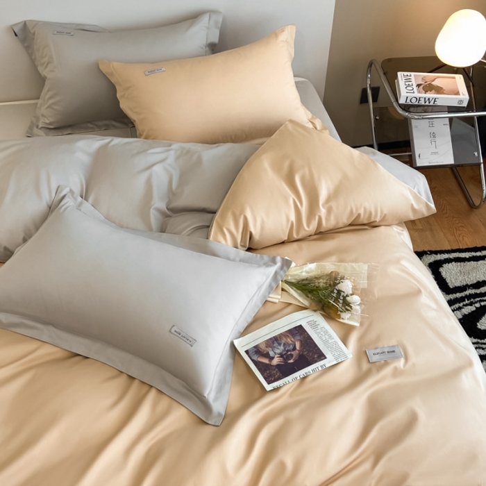 91家纺网 家纺一手货源 找家纺 高级感简约贡缎长绒棉纯色双拼床上四件套全棉被套香槟金烟墨灰