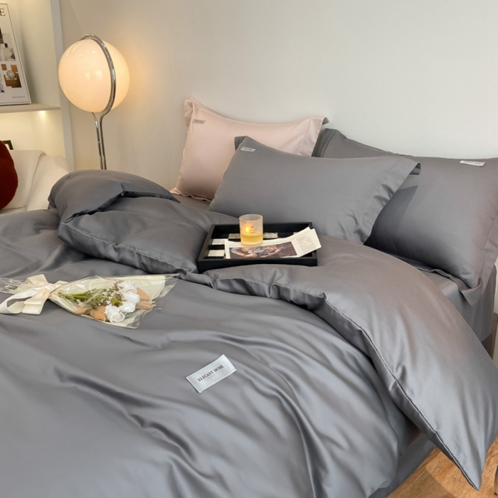 91家纺网 家纺一手货源 找家纺 高级感简约60s贡缎长绒棉纯色双拼床上四件套全棉被套雅士灰