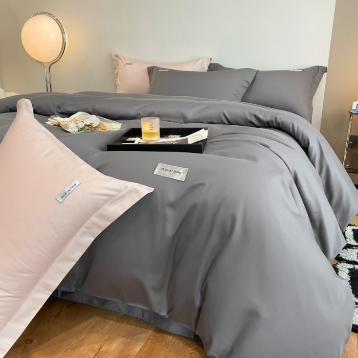 91家纺网 家纺一手货源 找家纺 高级感简约60s贡缎长绒棉纯色双拼床上四件套全棉被套雅士灰