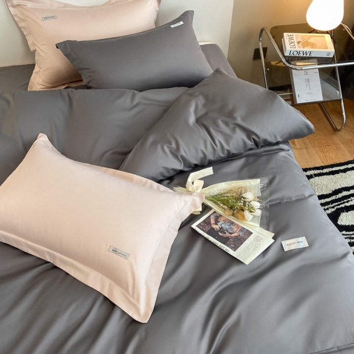 91家纺网 家纺一手货源 找家纺 高级感简约60s贡缎长绒棉纯色双拼床上四件套全棉被套雅士灰