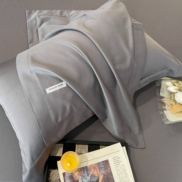 91家纺网 家纺一手货源 找家纺 高级感简约60s贡缎长绒棉纯色双拼床上四件套全棉被套雅士灰