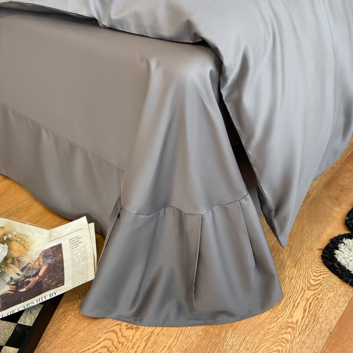 91家纺网 家纺一手货源 找家纺 高级感简约60s贡缎长绒棉纯色双拼床上四件套全棉被套雅士灰