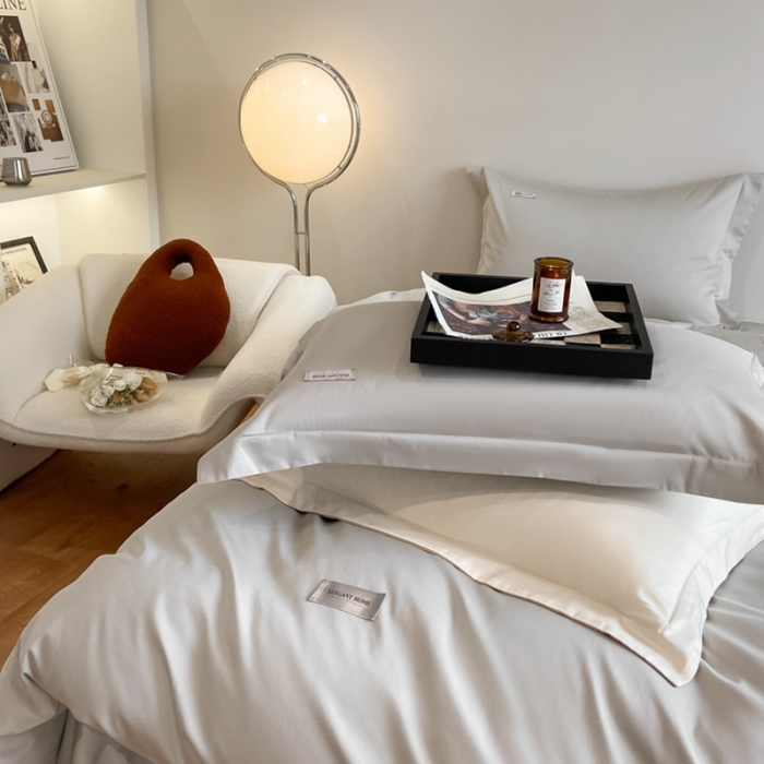 91家纺网 家纺一手货源 找家纺 高级感简约60s贡缎长绒棉纯色双拼床上四件套全棉被套烟墨灰