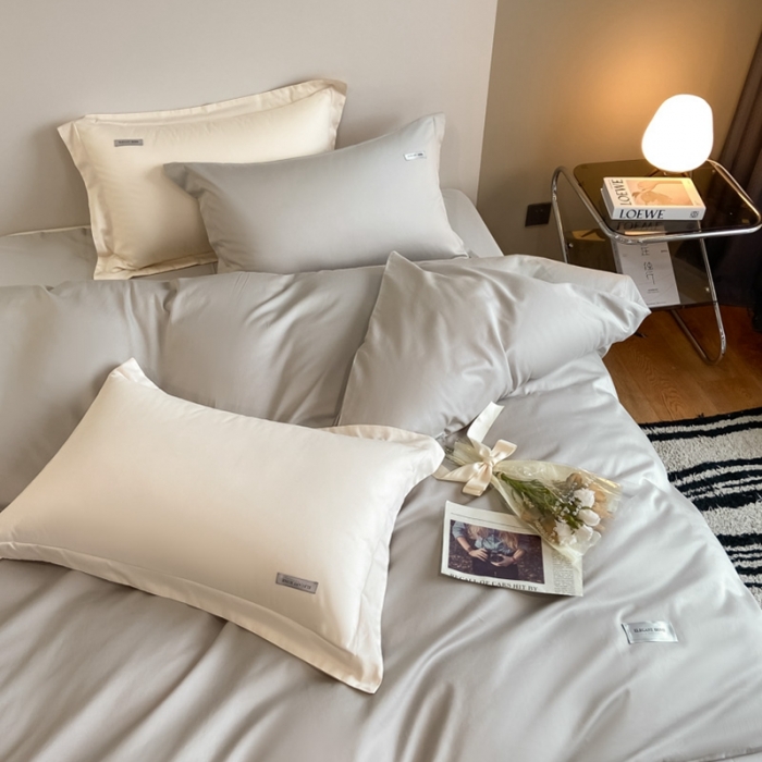 91家纺网 家纺一手货源 找家纺 高级感简约60s贡缎长绒棉纯色双拼床上四件套全棉被套烟墨灰