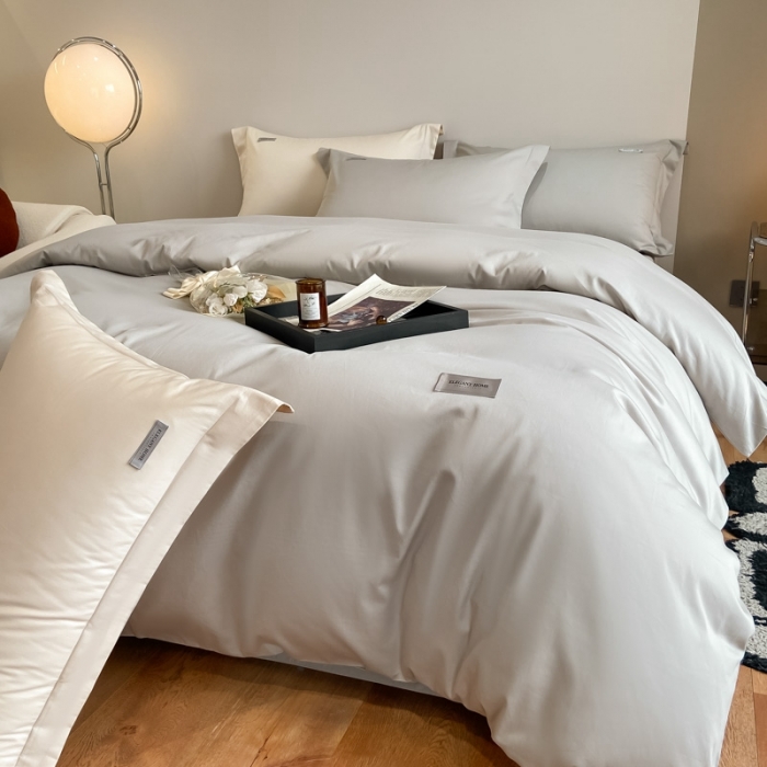 91家纺网 家纺一手货源 找家纺 高级感简约60s贡缎长绒棉纯色双拼床上四件套全棉被套烟墨灰