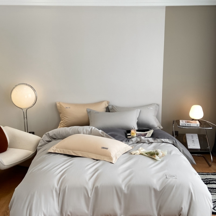 91家纺网 家纺一手货源 找家纺 高级感简约贡缎长绒棉纯色双拼床上四件套全棉被套烟墨灰+雅士灰