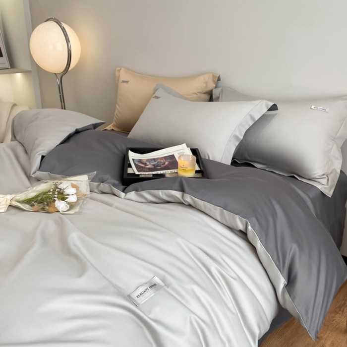 91家纺网 家纺一手货源 找家纺 高级感简约贡缎长绒棉纯色双拼床上四件套全棉被套烟墨灰+雅士灰