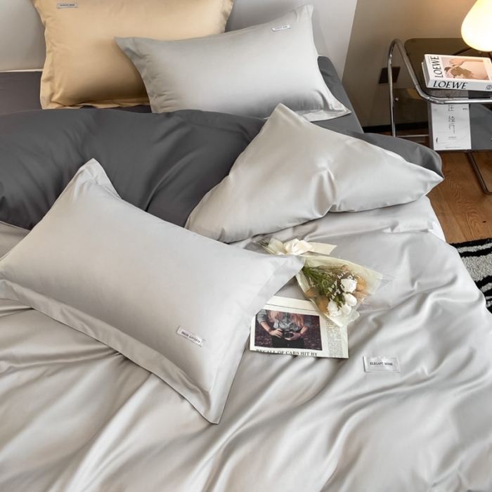 91家纺网 家纺一手货源 找家纺 高级感简约贡缎长绒棉纯色双拼床上四件套全棉被套烟墨灰+雅士灰