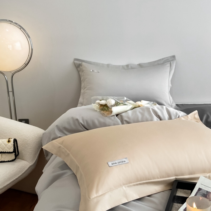 91家纺网 家纺一手货源 找家纺 高级感简约贡缎长绒棉纯色双拼床上四件套全棉被套烟墨灰+雅士灰