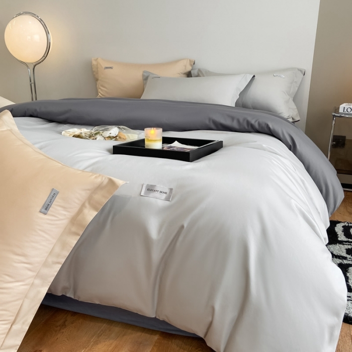91家纺网 家纺一手货源 找家纺 高级感简约贡缎长绒棉纯色双拼床上四件套全棉被套烟墨灰+雅士灰