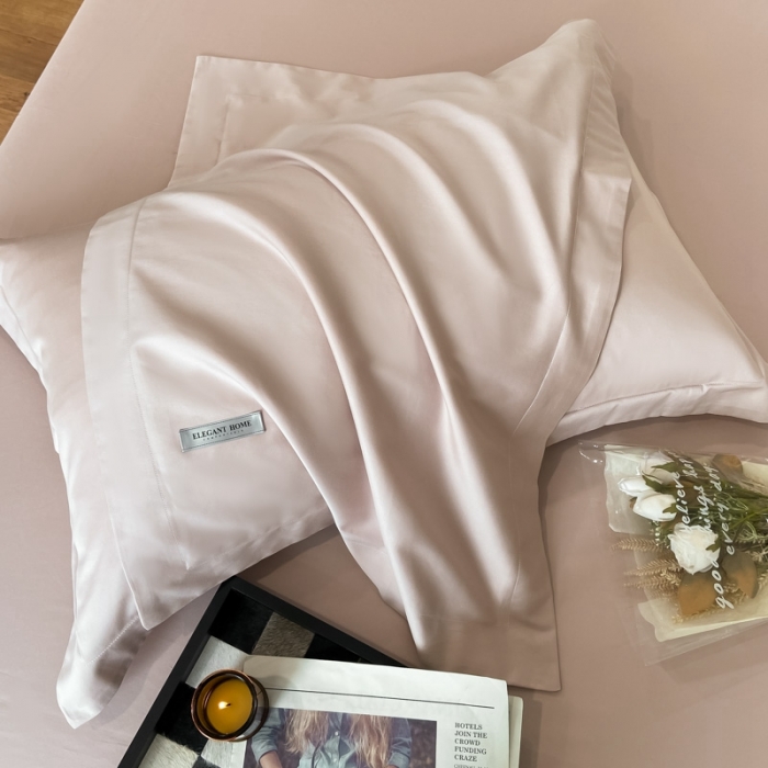 91家纺网 家纺一手货源 找家纺 高级感简约60s贡缎长绒棉纯色双拼床上四件套全棉被套茱萸粉