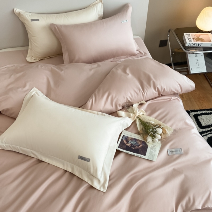 91家纺网 家纺一手货源 找家纺 高级感简约60s贡缎长绒棉纯色双拼床上四件套全棉被套茱萸粉