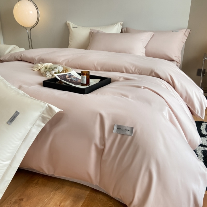 91家纺网 家纺一手货源 找家纺 高级感简约60s贡缎长绒棉纯色双拼床上四件套全棉被套茱萸粉