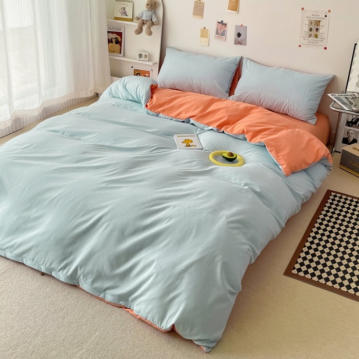 91家纺网 家纺一手货源 找家纺 蓝淋家纺 2022新款纯色双拼四件套 繁星蓝南瓜橘