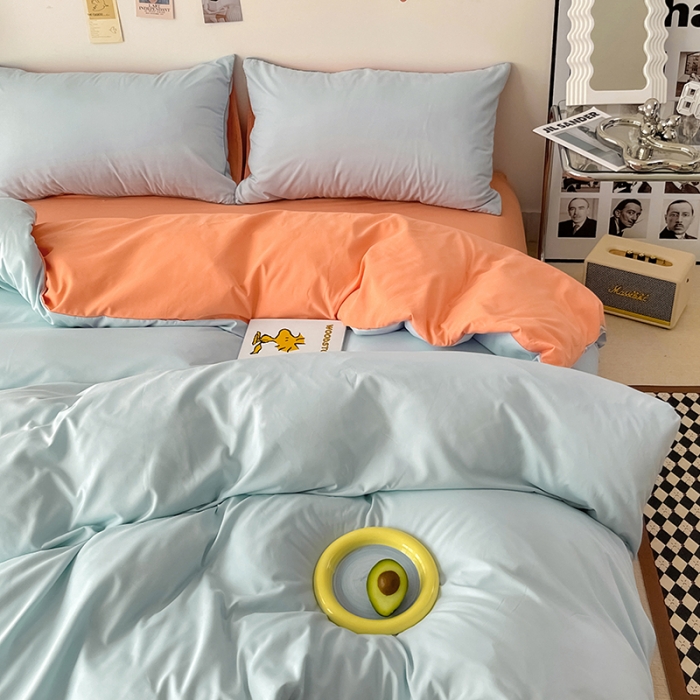 91家纺网 家纺一手货源 找家纺 蓝淋家纺 2022新款纯色双拼四件套 繁星蓝南瓜橘