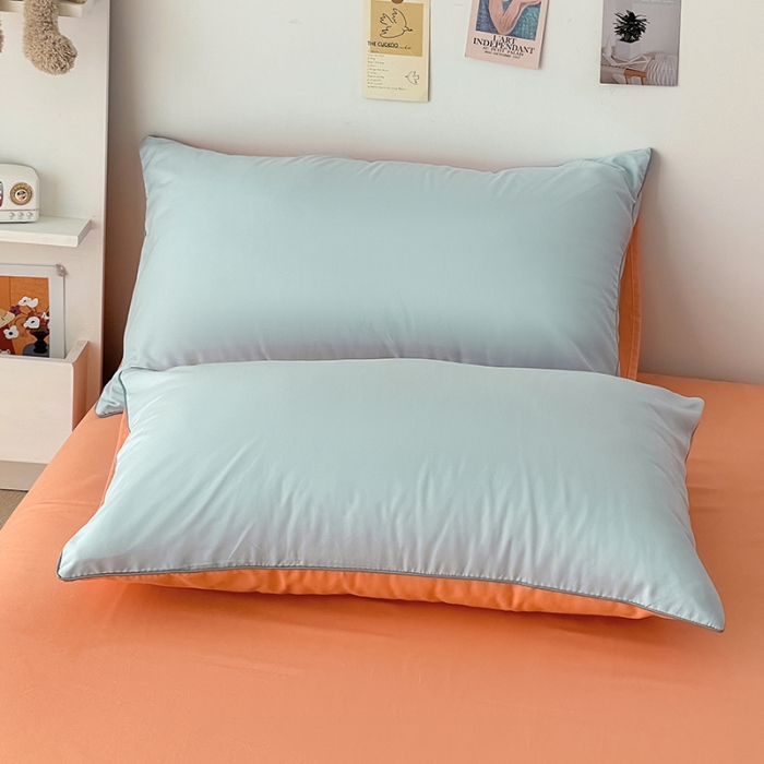 91家纺网 家纺一手货源 找家纺 蓝淋家纺 2022新款纯色双拼四件套 繁星蓝南瓜橘