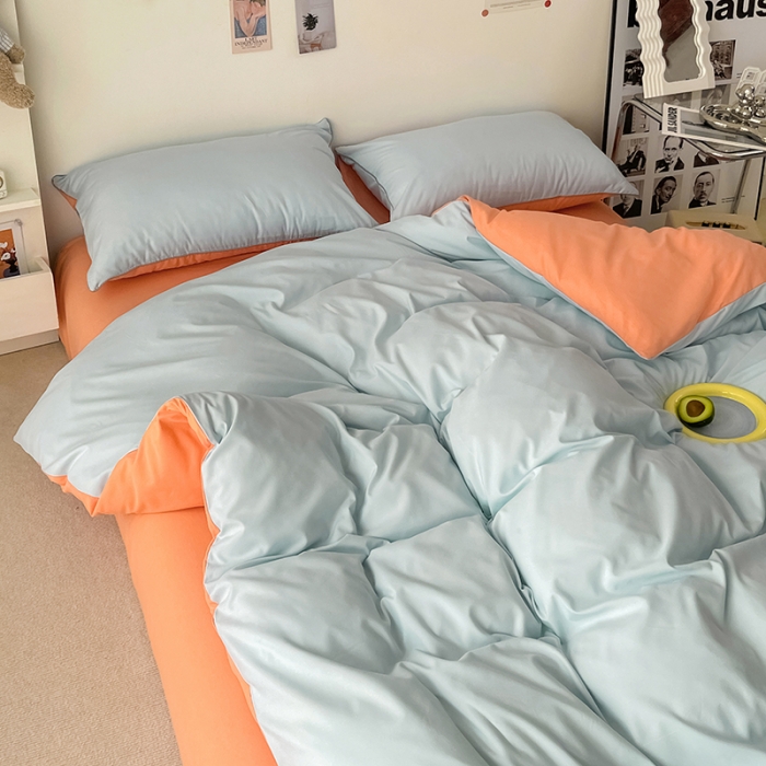 91家纺网 家纺一手货源 找家纺 蓝淋家纺 2022新款纯色双拼四件套 繁星蓝南瓜橘