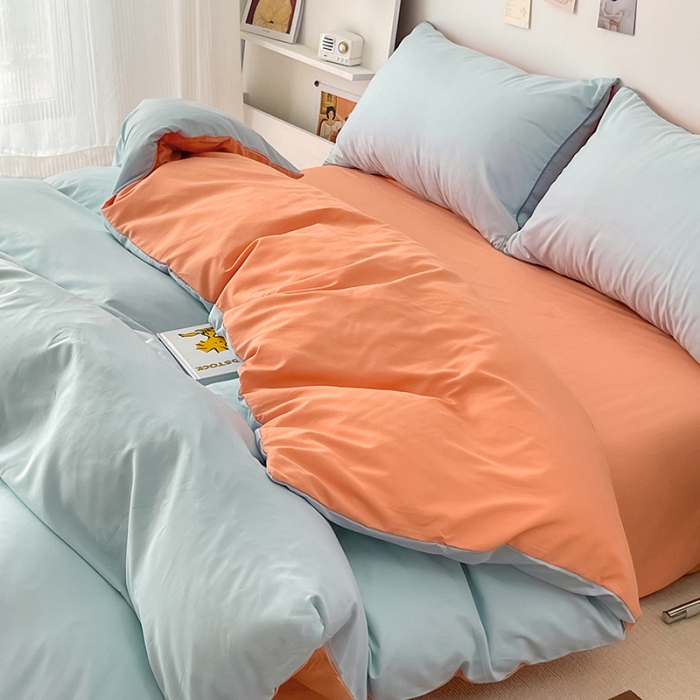 91家纺网 家纺一手货源 找家纺 蓝淋家纺 2022新款纯色双拼四件套 繁星蓝南瓜橘