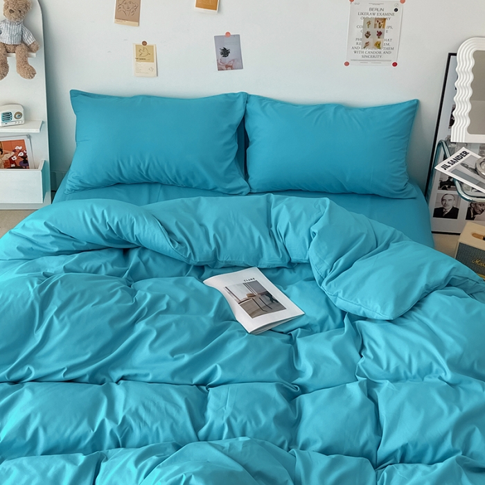 91家纺网 家纺一手货源 找家纺 蓝淋家纺 2022新款纯色双拼四件套 湖蓝