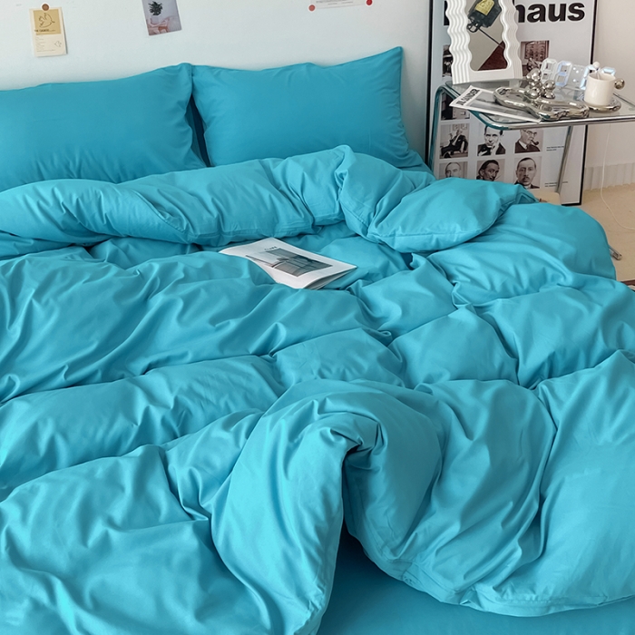 91家纺网 家纺一手货源 找家纺 蓝淋家纺 2022新款纯色双拼四件套 湖蓝