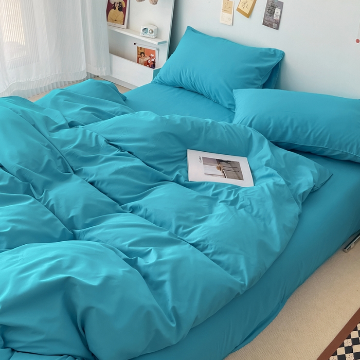 91家纺网 家纺一手货源 找家纺 蓝淋家纺 2022新款纯色双拼四件套 湖蓝