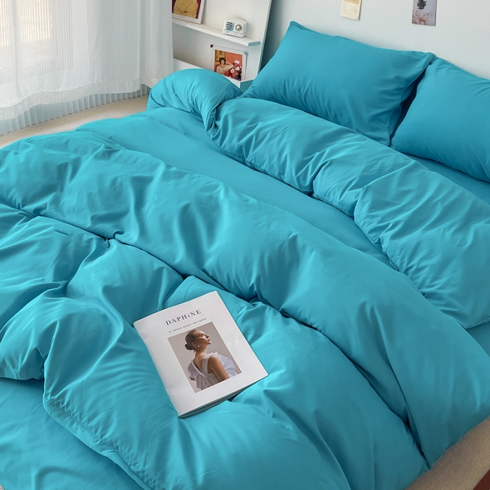 91家纺网 家纺一手货源 找家纺 蓝淋家纺 2022新款纯色双拼四件套 湖蓝