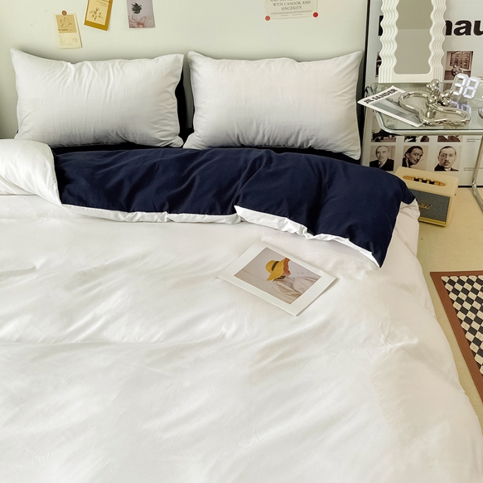 91家纺网 家纺一手货源 找家纺 蓝淋家纺 2022新款纯色双拼四件套 米白深蓝