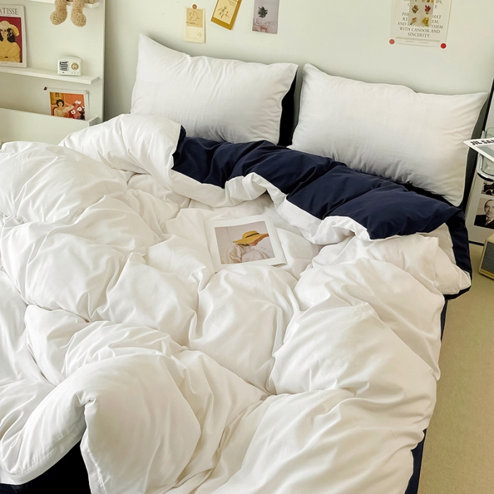 91家纺网 家纺一手货源 找家纺 蓝淋家纺 2022新款纯色双拼四件套 米白深蓝