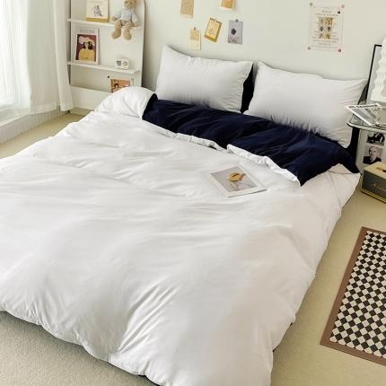 蓝淋家纺 2022新款纯色双拼四件套 米白深蓝