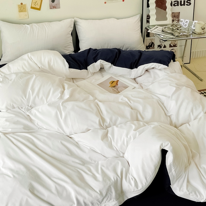 91家纺网 家纺一手货源 找家纺 蓝淋家纺 2022新款纯色双拼四件套 米白深蓝