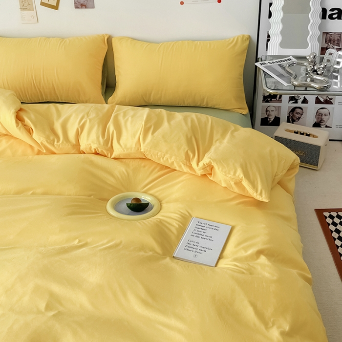 91家纺网 家纺一手货源 找家纺 蓝淋家纺 2022新款纯色双拼四件套 奶黄绿