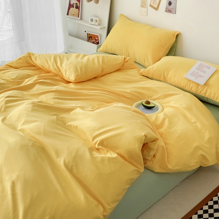 91家纺网 家纺一手货源 找家纺 蓝淋家纺 2022新款纯色双拼四件套 奶黄绿