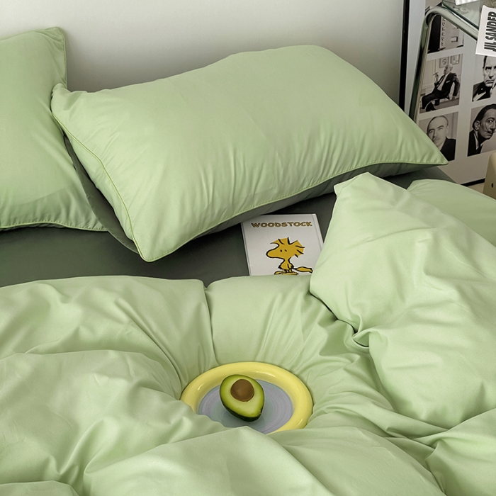 91家纺网 家纺一手货源 找家纺 蓝淋家纺 2022新款纯色双拼四件套 奶绿深绿