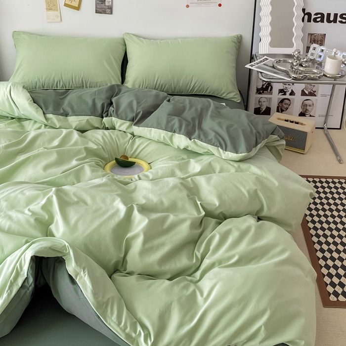 91家纺网 家纺一手货源 找家纺 蓝淋家纺 2022新款纯色双拼四件套 奶绿深绿