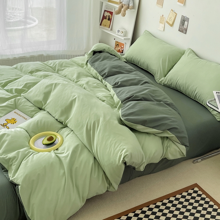 91家纺网 家纺一手货源 找家纺 蓝淋家纺 2022新款纯色双拼四件套 奶绿深绿