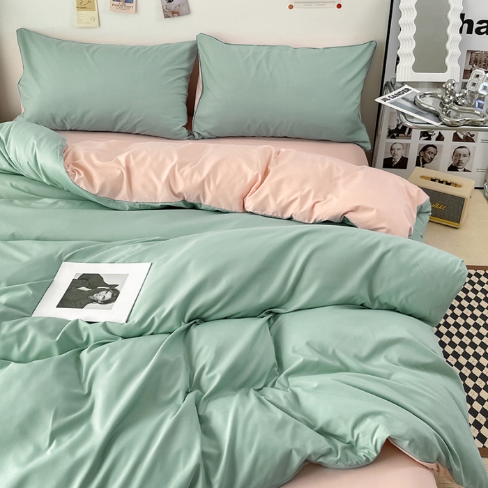 91家纺网 家纺一手货源 找家纺 蓝淋家纺 2022新款纯色双拼四件套 浅蓝公主粉