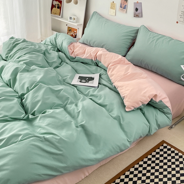 91家纺网 家纺一手货源 找家纺 蓝淋家纺 2022新款纯色双拼四件套 浅蓝公主粉