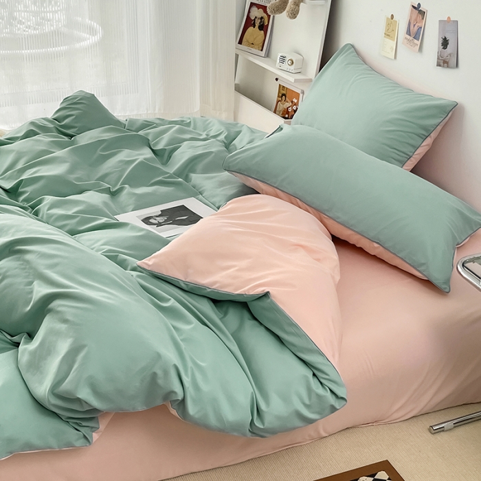 91家纺网 家纺一手货源 找家纺 蓝淋家纺 2022新款纯色双拼四件套 浅蓝公主粉