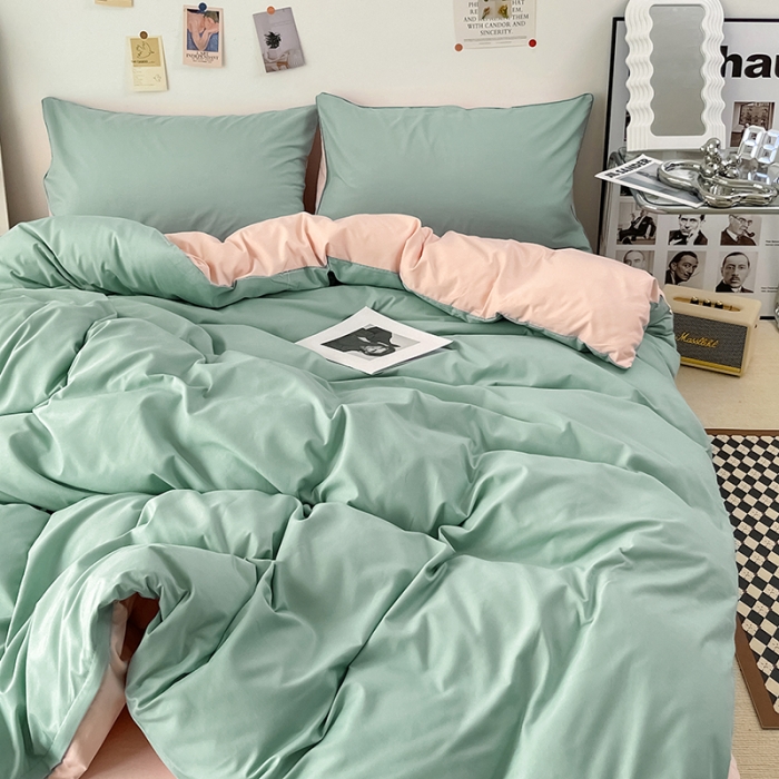 91家纺网 家纺一手货源 找家纺 蓝淋家纺 2022新款纯色双拼四件套 浅蓝公主粉