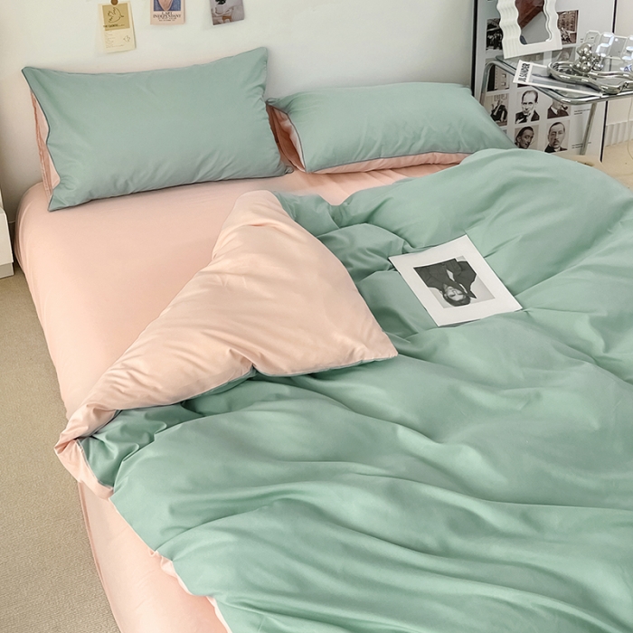 91家纺网 家纺一手货源 找家纺 蓝淋家纺 2022新款纯色双拼四件套 浅蓝公主粉