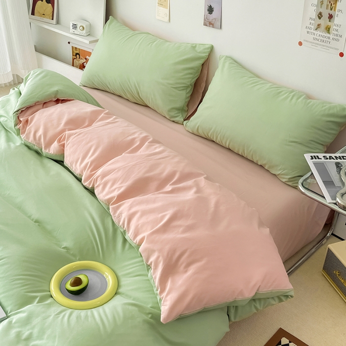 91家纺网 家纺一手货源 找家纺 蓝淋家纺 2022新款纯色双拼四件套 浅绿公主粉