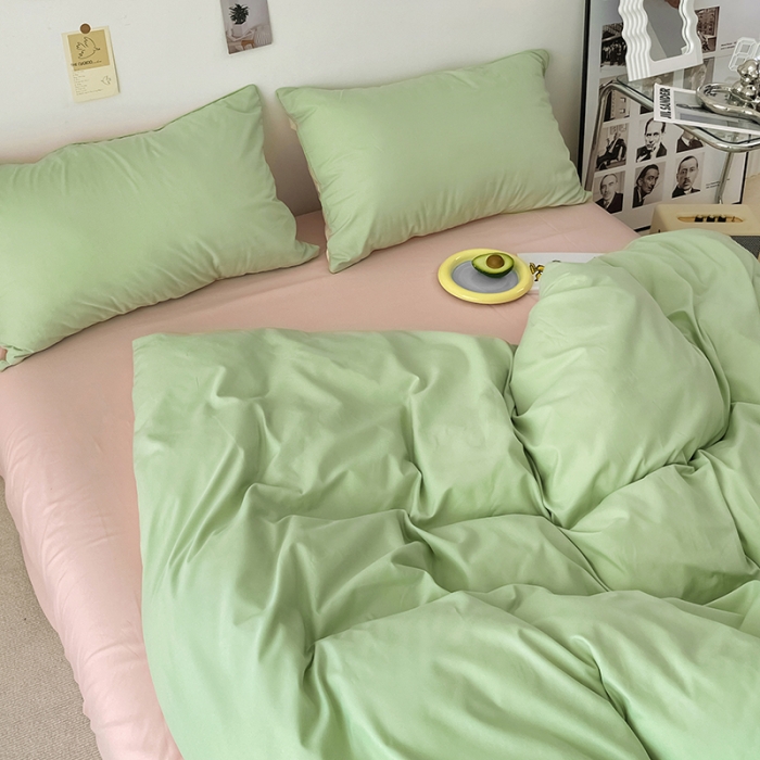 91家纺网 家纺一手货源 找家纺 蓝淋家纺 2022新款纯色双拼四件套 浅绿公主粉