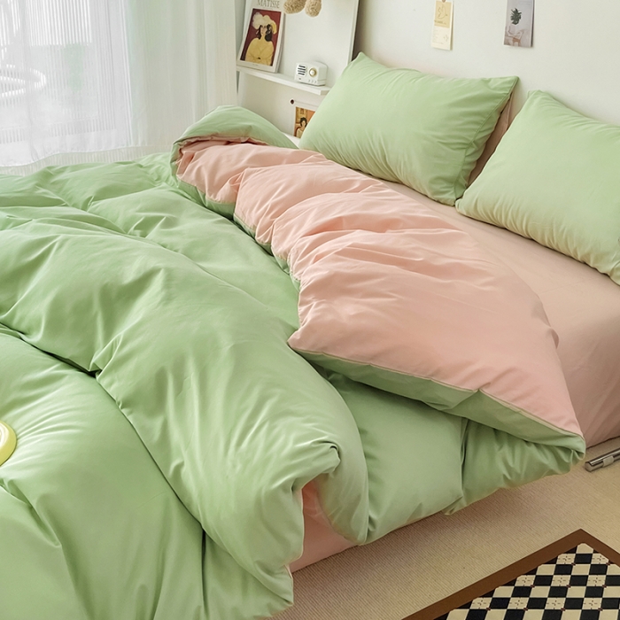 91家纺网 家纺一手货源 找家纺 蓝淋家纺 2022新款纯色双拼四件套 浅绿公主粉