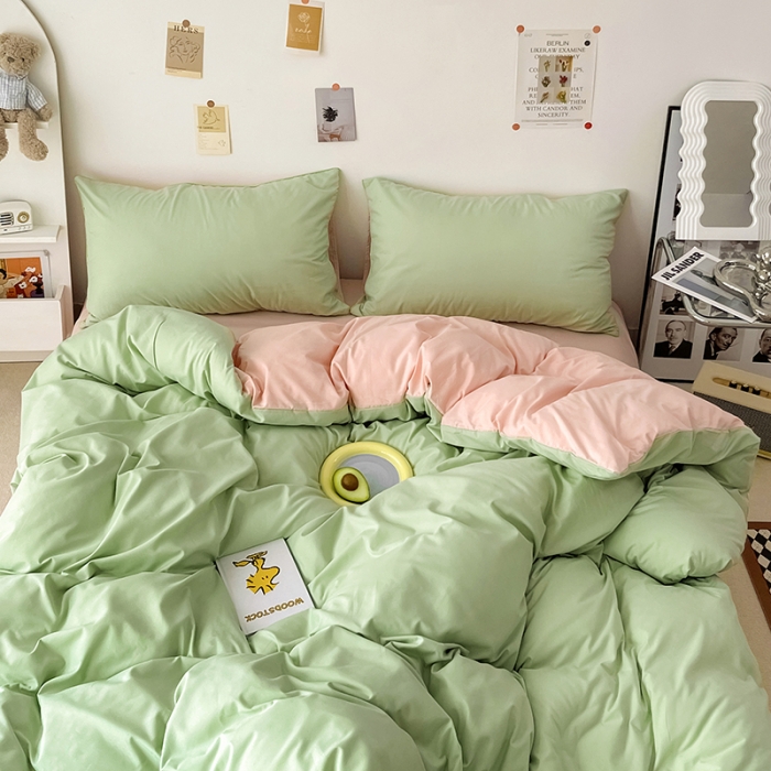 91家纺网 家纺一手货源 找家纺 蓝淋家纺 2022新款纯色双拼四件套 浅绿公主粉