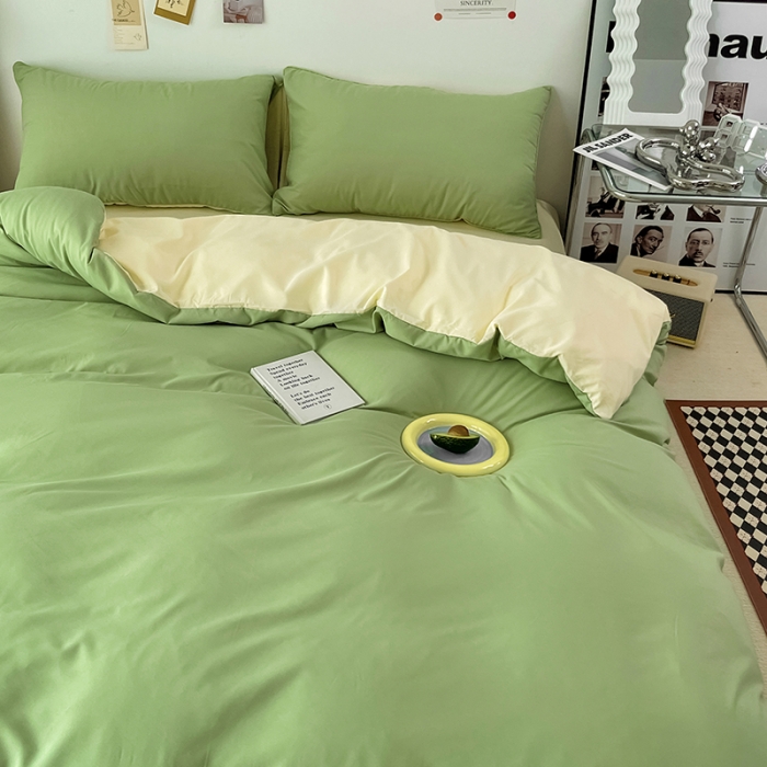 91家纺网 家纺一手货源 找家纺 蓝淋家纺 2022新款纯色双拼四件套 浅绿米黄