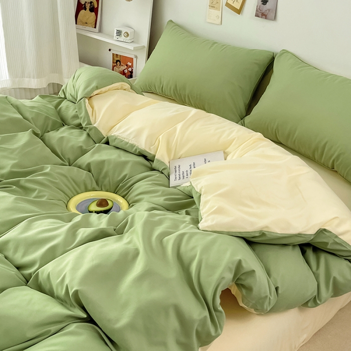 91家纺网 家纺一手货源 找家纺 蓝淋家纺 2022新款纯色双拼四件套 浅绿米黄