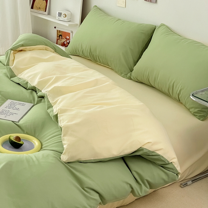 91家纺网 家纺一手货源 找家纺 蓝淋家纺 2022新款纯色双拼四件套 浅绿米黄