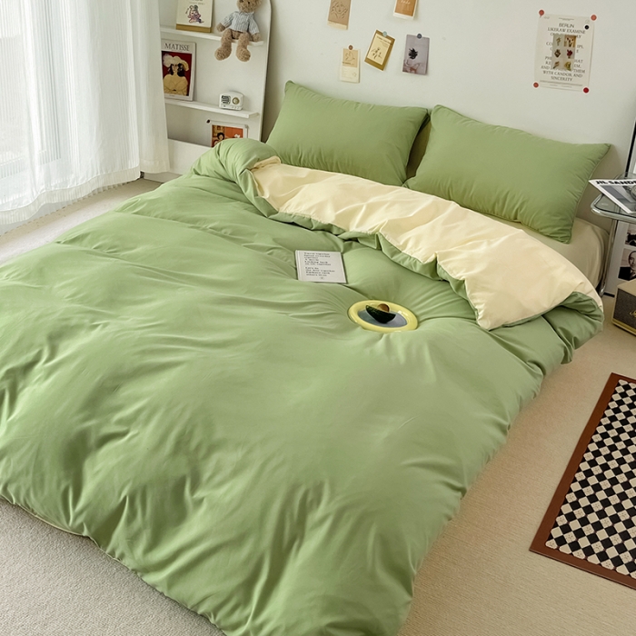 91家纺网 家纺一手货源 找家纺 蓝淋家纺 2022新款纯色双拼四件套 浅绿米黄