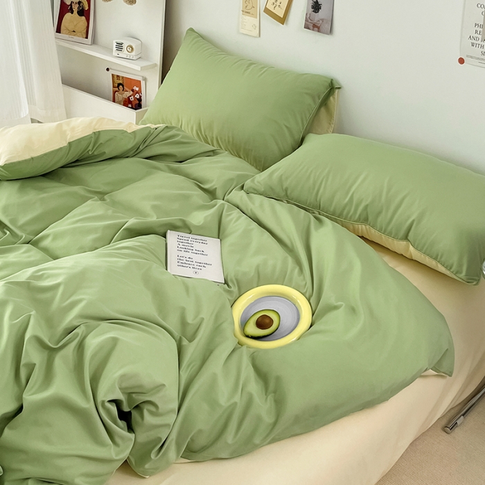 91家纺网 家纺一手货源 找家纺 蓝淋家纺 2022新款纯色双拼四件套 浅绿米黄